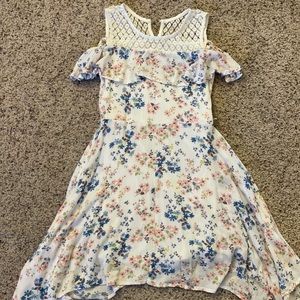 White dress with blue and pink flowers
